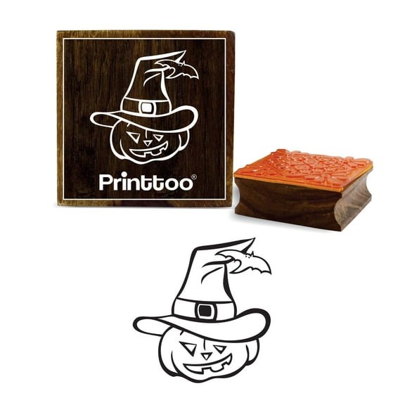 Printtoo Halloween Pumpkin With Witches Hat Design Square Wooden Rubber Stamp-5 x 5 Inches