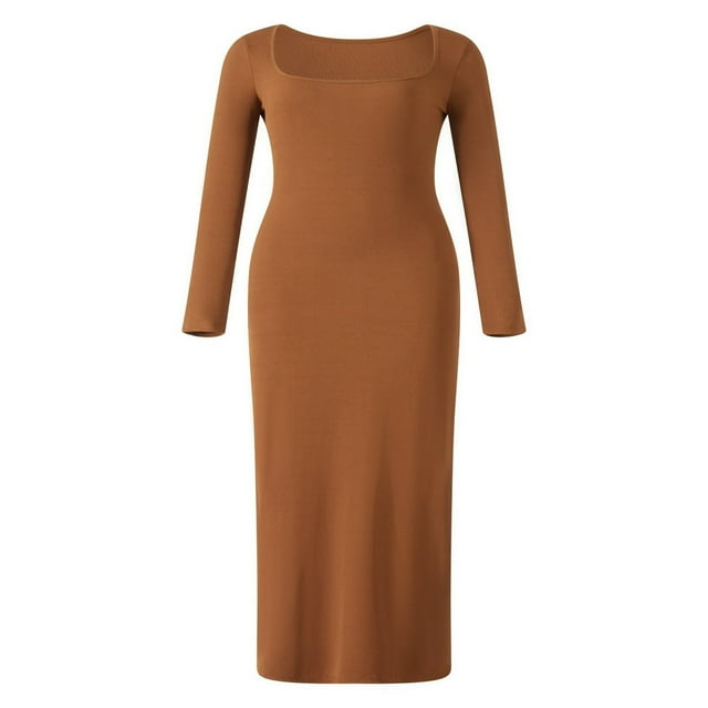 Women Long Bodycon Dress Solid Color Knitted Ribbed Square Neck Long Sleeve Dress Spring Fall Party Club Skinny Dress
