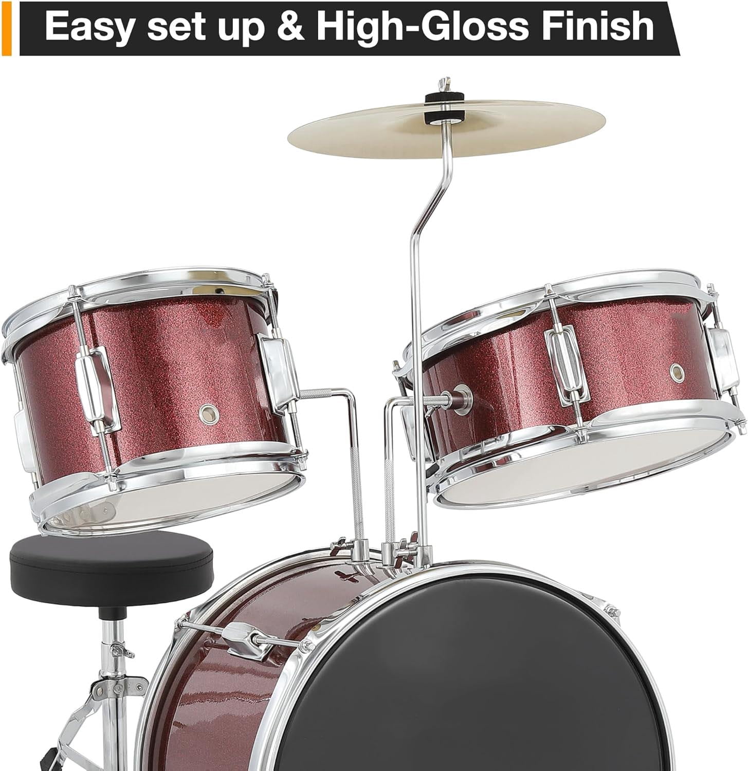 TEQIN Drum Set for Kids and Beginners, 3-Piece 14'' Drum Kit with Adjustable Throne, Cymbal, Pedal & Two Pairs of Drumsticks, Musical Instruments for Boys and Girls