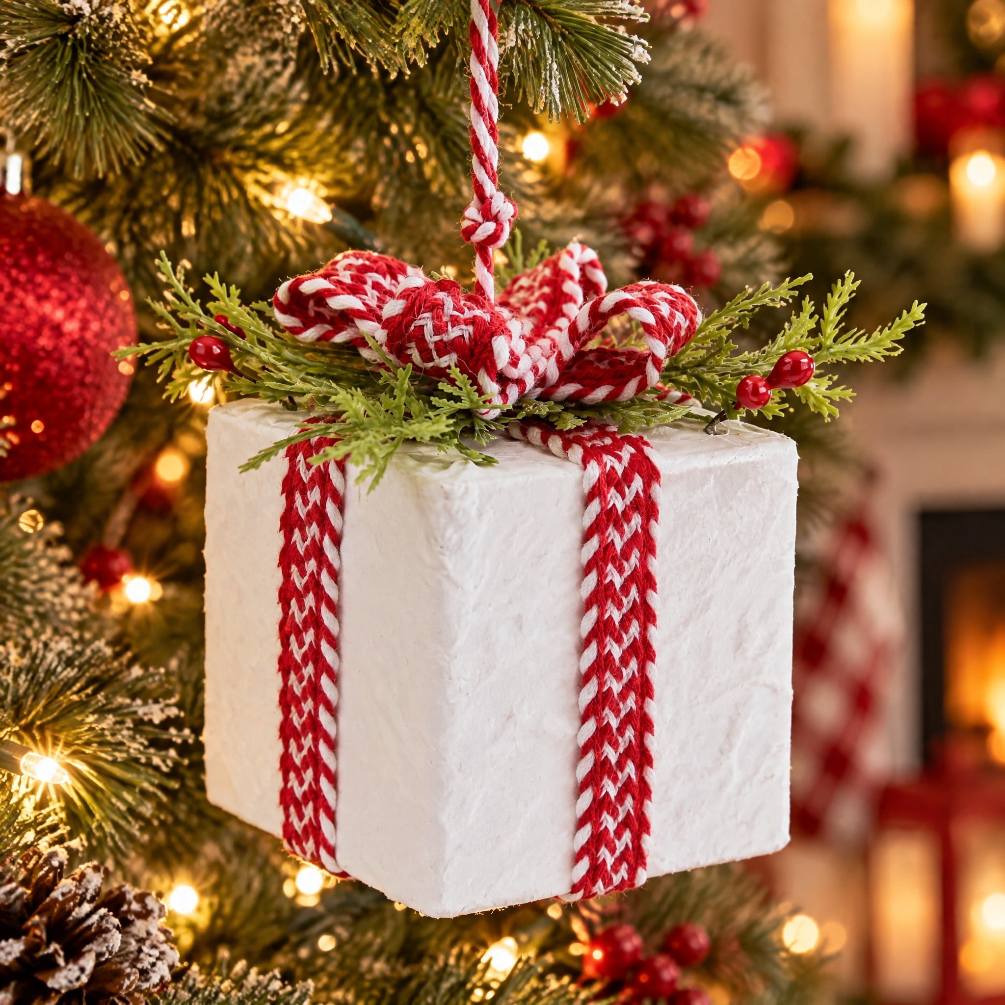 Red/White/Green Gift Box Christmas Ornament, 4.8", by Holiday Time
