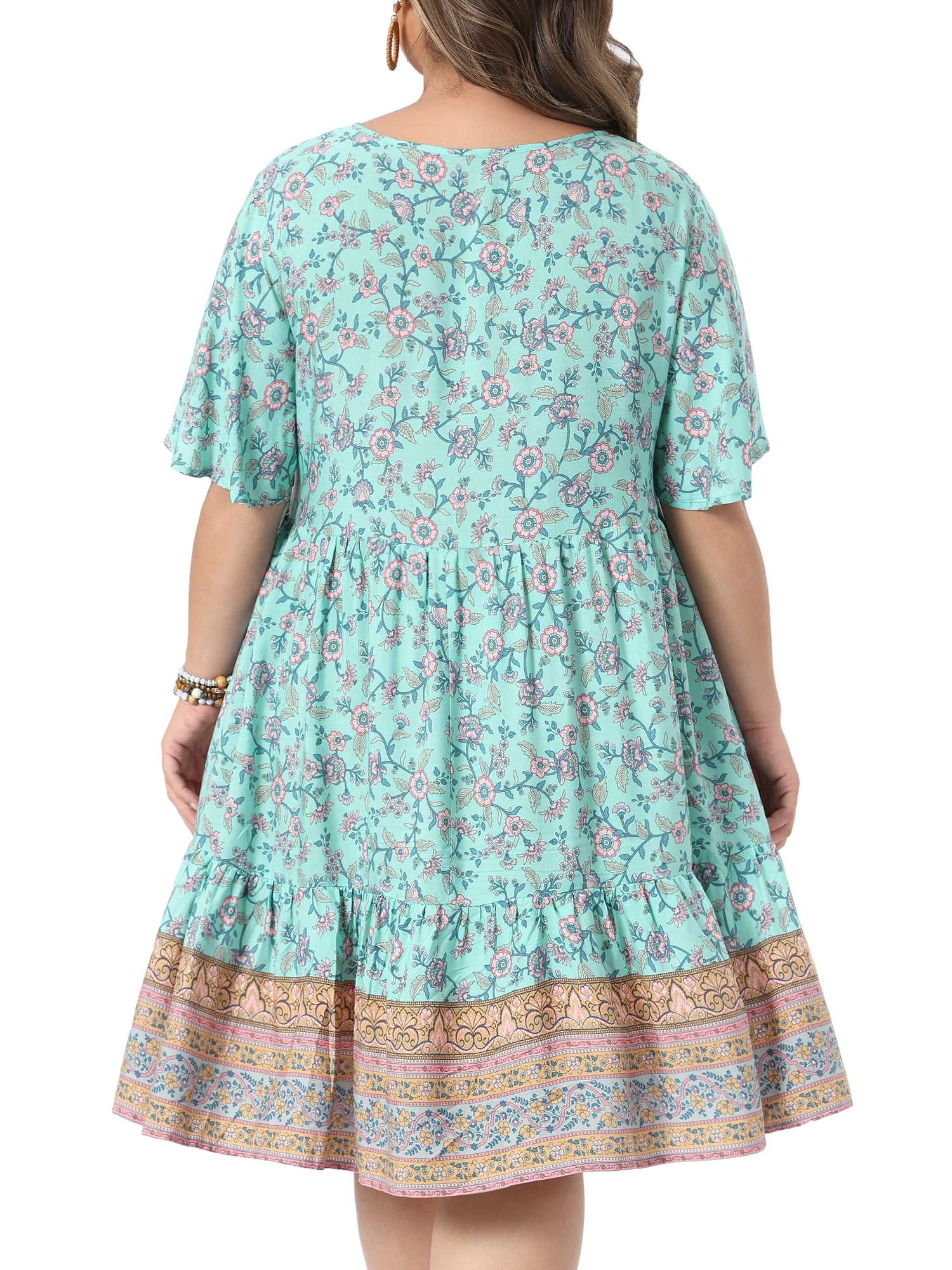 DARING DIVA Women's Plus Boho Midi Tie Crew Neck Short Dress 4X Green