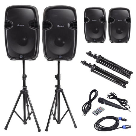 Costway Dual 12'' 2-way 2000W Powered Speakers w/ Bluetooth + Mic + Speaker Stands + Control +