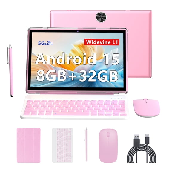 BYANDBY Android 15 , 2 in 1 Tablet with Keyboard, 10 inch Tablets , 8GB 32GB/2TB Expand, 2.4G 5G Wi-Fi 6, Dual Camera, 6000 mAh, BT, GMS, Games, with Case (Black)