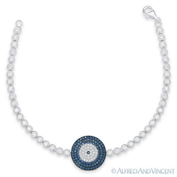 Evil Eye Circle Luck Charm Cubic Zirconia Pave & Bezel Link Bracelet in .925 Sterling Silver