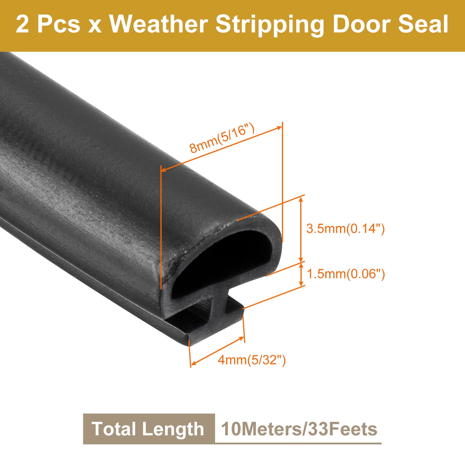 Window Weather Stripping Door Seal, 2 Pack 5/16" Wide Bulb Bubble TPE Weatherstrip Seal for 5/32" Slot (10 m/33 ft, Black)