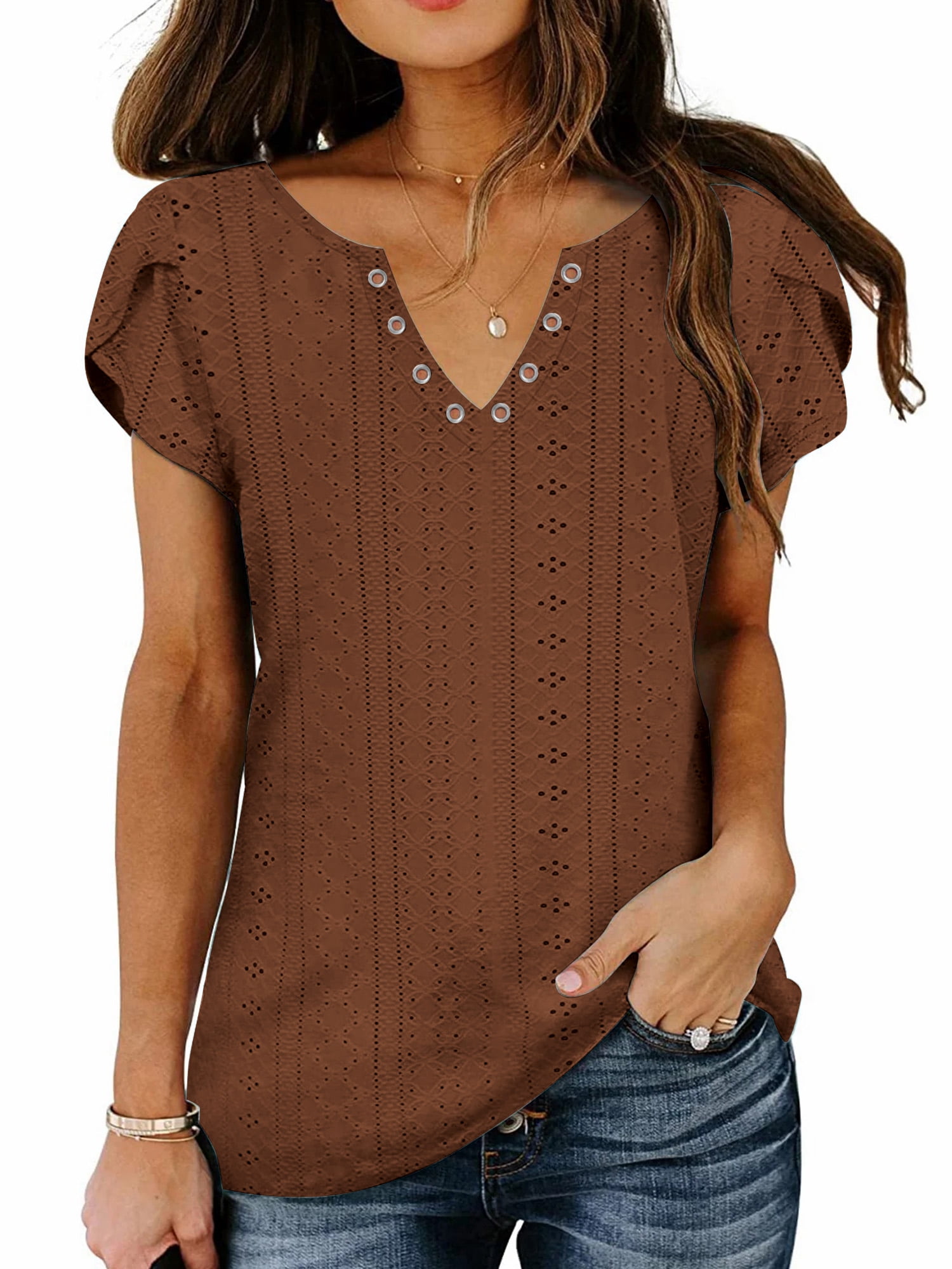 TEMOFON Womens Summer Tops Casual V Neck Tee Shirts Petal Sleeve Fashion Loose Blouses for Women Clothes Short Sleeve Shirts Dressy Tunic Tops
