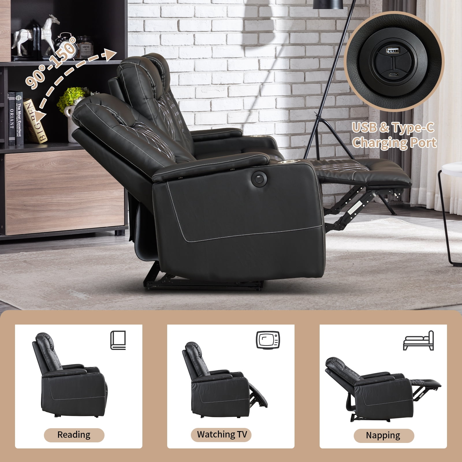 Bonzy Home Electric Power Recliner Chairs Sofa Set Theater Seating with Console Living Room Furniture Set, Cup Holders, Hidden Arm Storage, USB Ports Black