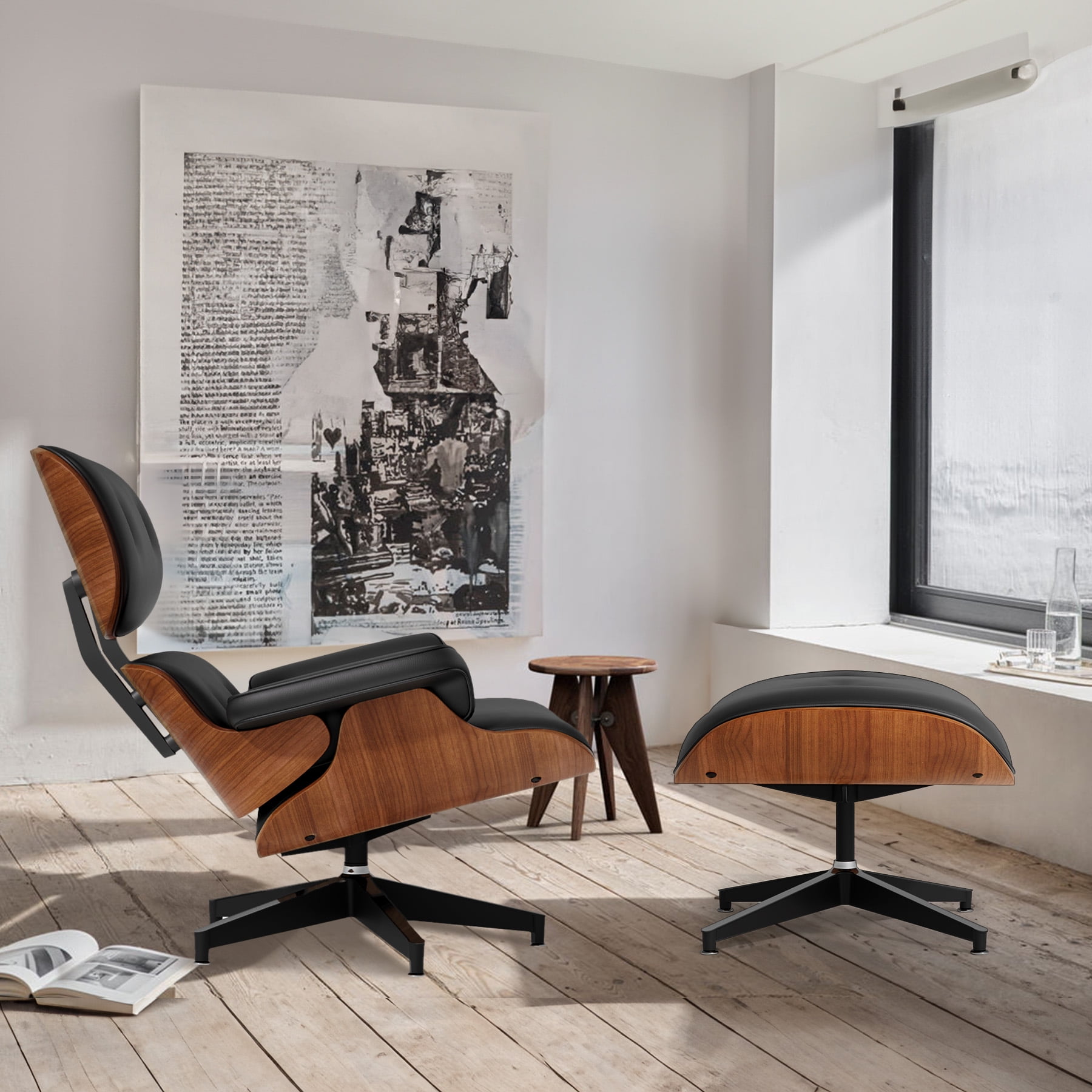 Hawsaiy Genuine Leather Lounge Chair with Ottoman, Mid Century Modern Eames Recliner with Wide Armrests, Heavy Duty Base for Living Room, Bedroom, Office