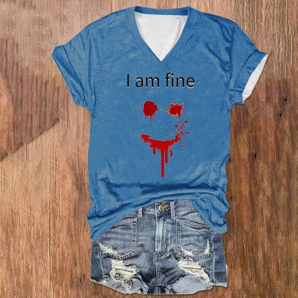 Fiudx Camisas de Mujer Camiseta de Manga Corta con Cuello En V y Estampado de Halloween para Mujer