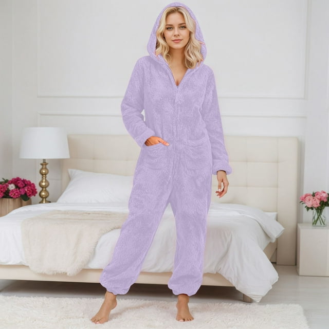 TINZ Combinaisons pour Femmes Pyjama à Capuche en Peluche Combinaison à Manches Longues Pyjama Chaud d'Hiver Combinaisons pour Femmes Automne Combinaisons Décontractées pour Femmes