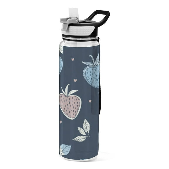 Qxltty Blue Strawberry Pattern Water Bottle 32 oz with Straw BPA Free Reusable Fitness Sport Bottle Perfect for Travel School Outdoors and Gym