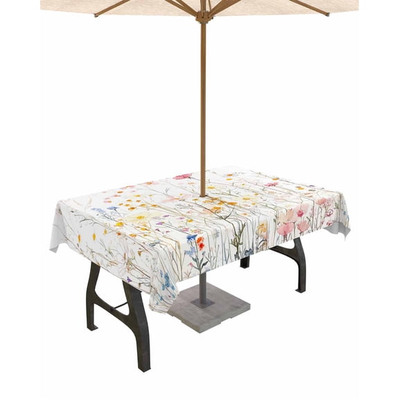 Outdoor Tablecloth with Umbrella Hole for Patio/Picnic/Party/Camping, Spring Wildflowers Waterproof Table Cloth Rectangle Table Cover Washable, Pastoral Rustic Farmhouse Botanical 60"x 84"