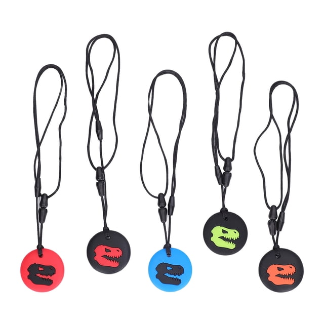 Collar de masticación sensorial con patrón de dinosaurio de silicona para niños, juguete portátil para la dentición del bebé, para viaje en casa, 5 uds.