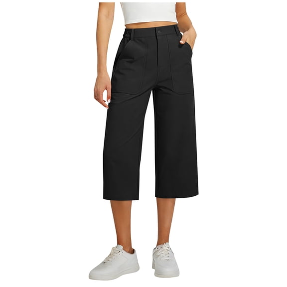 Qiopertar Women's Wide Leg Pants Business Casual Work Travel Hiking Cropped Pants with Pockets Button Zipper Lightweight Stretchy Polyester Capri Trousers, Black XL