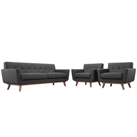 Maklaine Modern Fabric 3-Piece Sofa Set with Armchairs in Gray