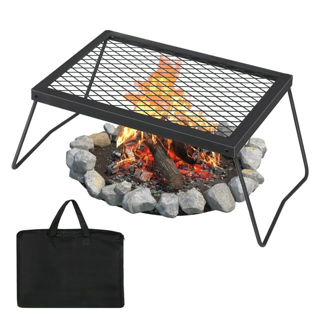 Alloy Steel Camping Swivel Grill, Adjustable Open Fire BBQ Stand with Grill & Griddle, Portable Campfire Cooking Rack with Carry Bag