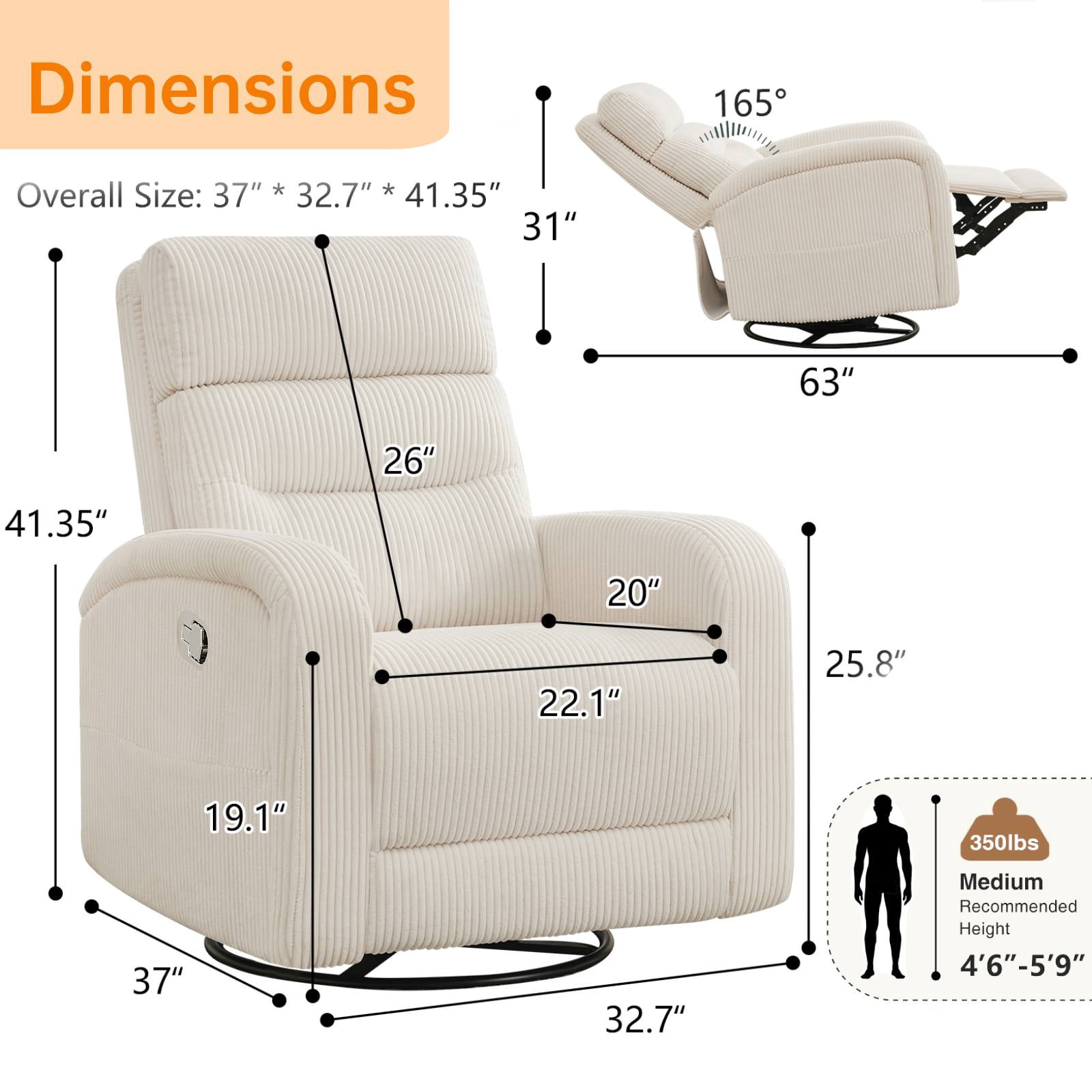BaseBeauty Swivel Rocker Recliner Manual, Corduroy Nursery Recliner Glider Chair, Swivel Glider Recliner with Double Pockets, White