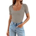 thumbnail image 3 of Lixiuxyad Women Short Sleeve Square Neck T Shirts Summer Slim Fitted Ribbed Knit Basic Casual Tee Tops Trendy Casual,Brown M, 3 of 7