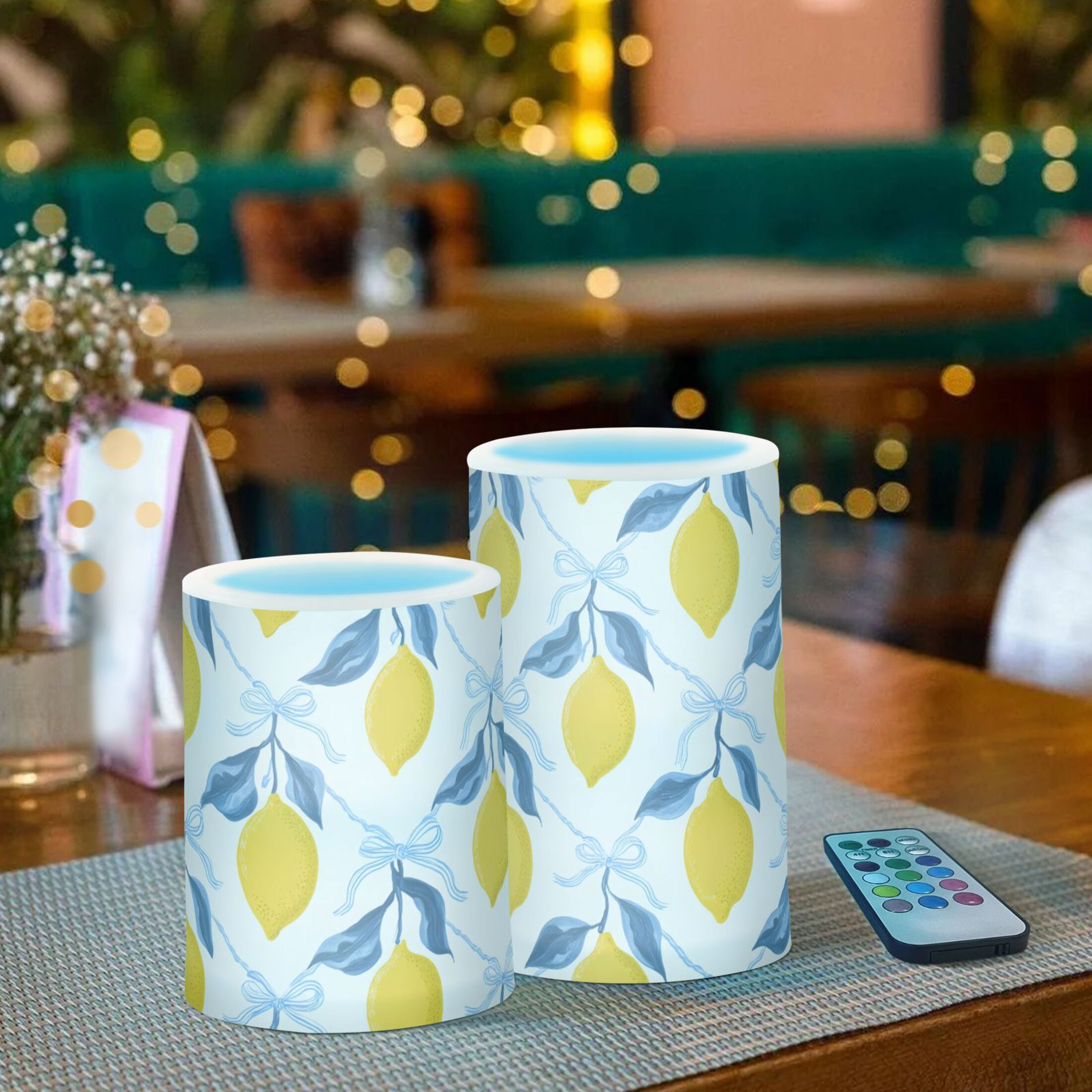 Lemon Blue Bow Pattern Flameless LED Candle Set with Remote, Battery Operated Color Changing Pillar Candles, Set of 2
