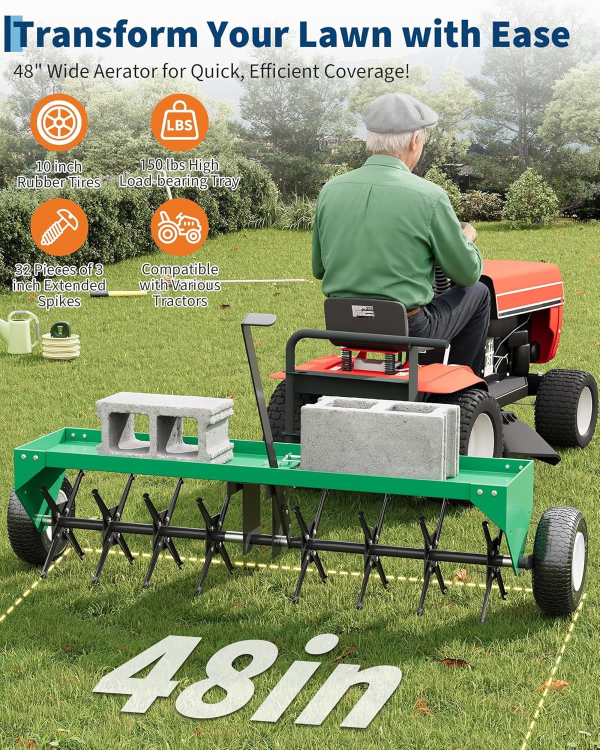 Acekid 48 Inch Tow Behind Lawn Plug Aerator - Galvanized Steel with Universal Hitch & Inflatable Wheels