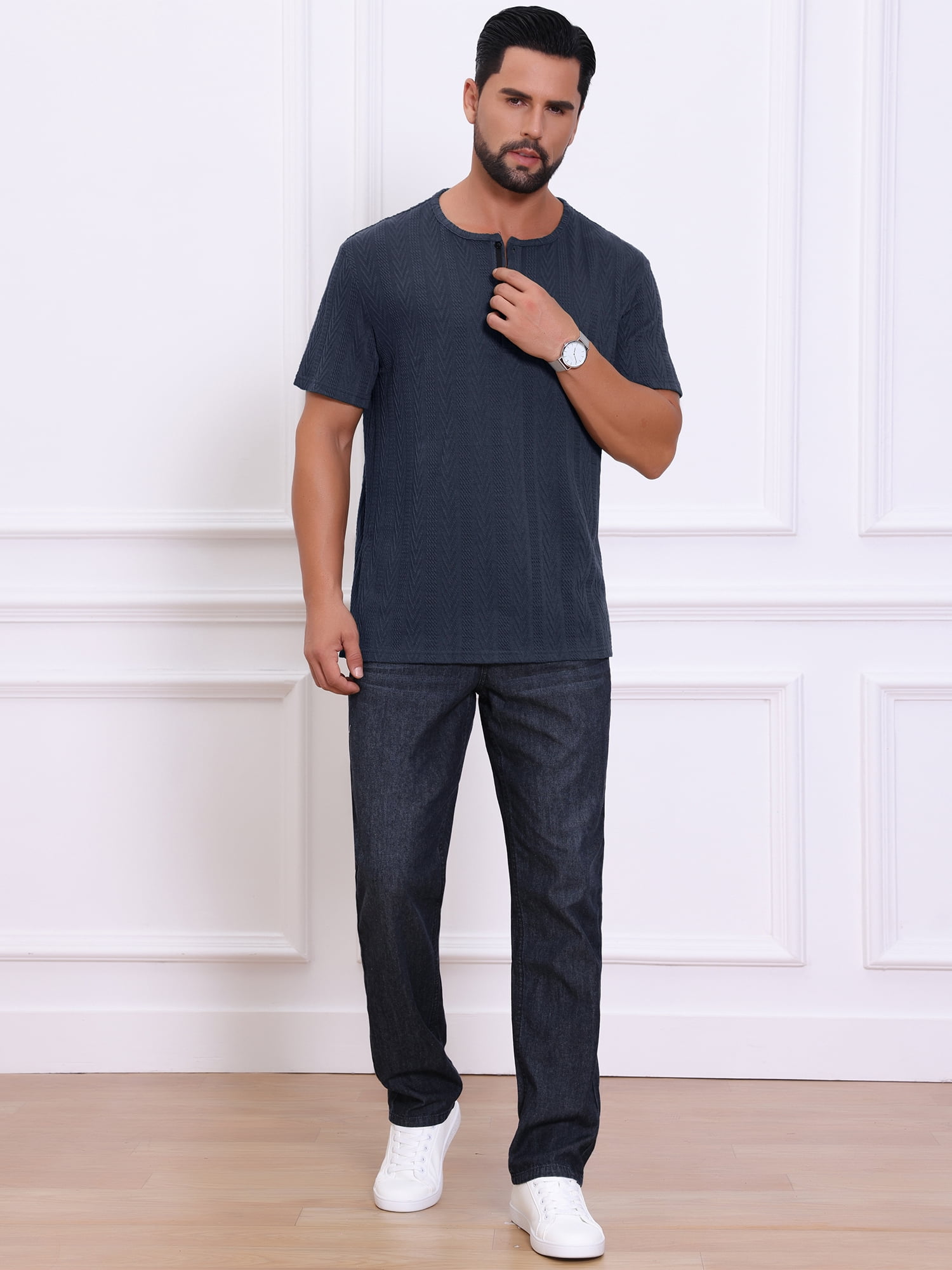DARING DIVA Men's Henley Short Sleeve Button Down Jacquard Knitted T-Shirt S Dark Blue