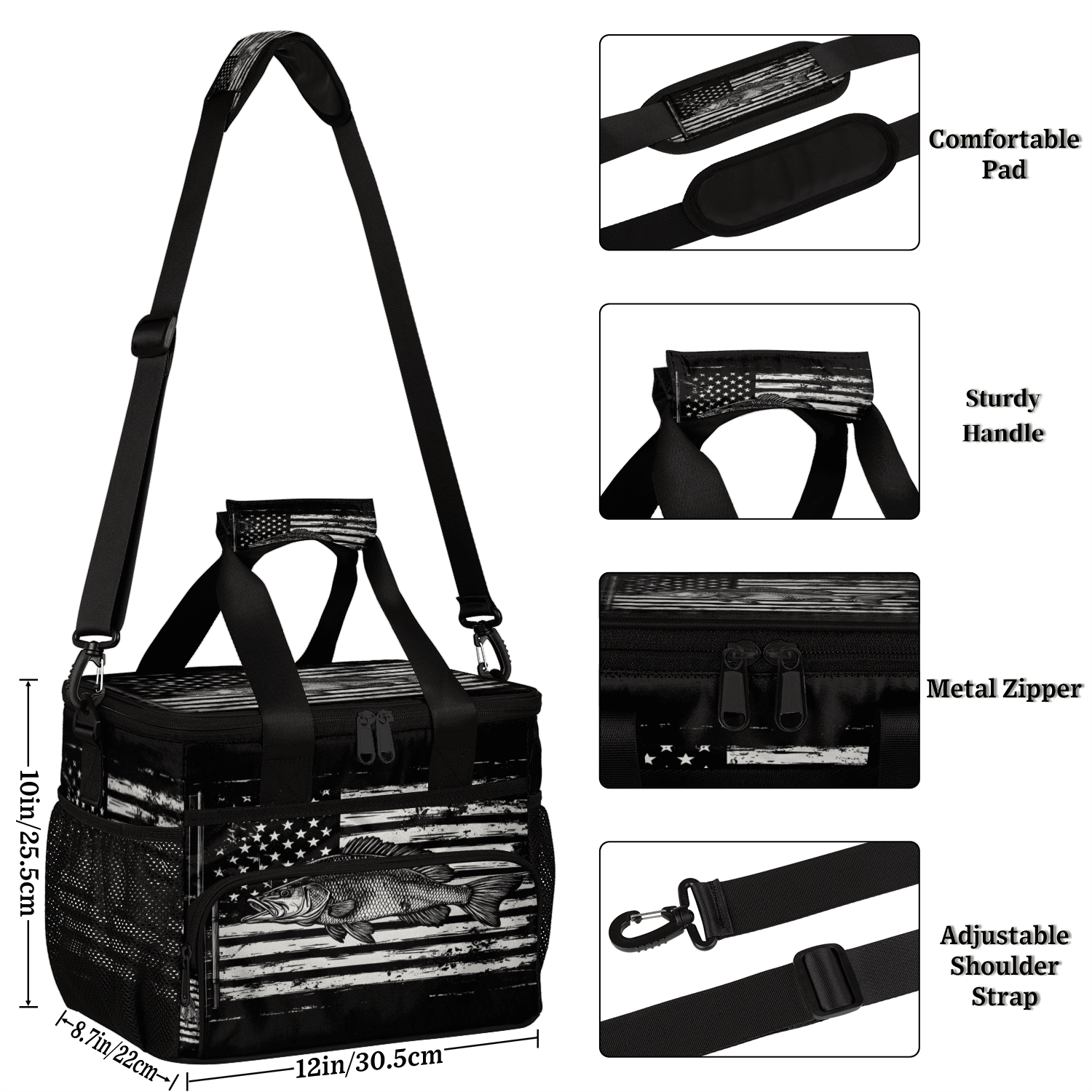 Herdesigns American Flag Large Insulated Lunch Box for Adults Women Men with Adjustable Shoulder Strap, Bass Fish Reusable Cooler Lunch Bag for Offices Picnic Hiking Beach