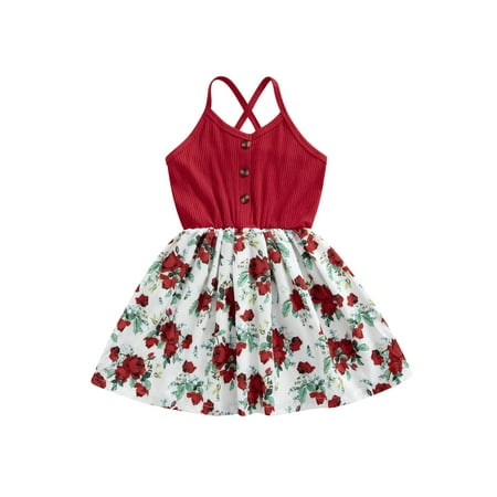 

Musuos Toddler Sleeveless Ribbed Dress Girls Floral Print V-neck Cross Spaghetti Strap One-piece