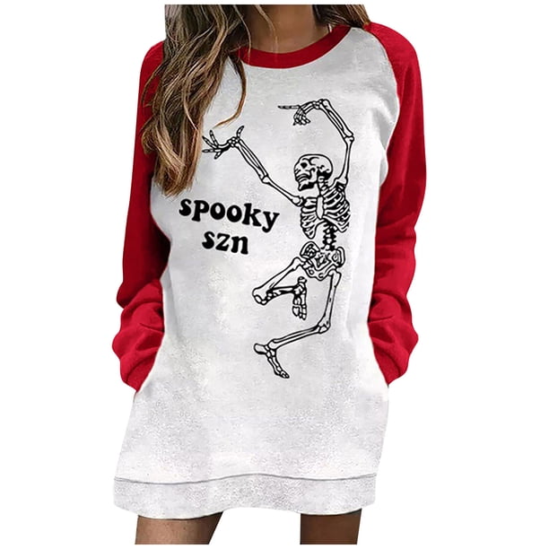 Vestido estampado de Halloween con cuello redondo, manga larga, cómodo, informal, a la moda para mujer Pompotops hdfakjf3823