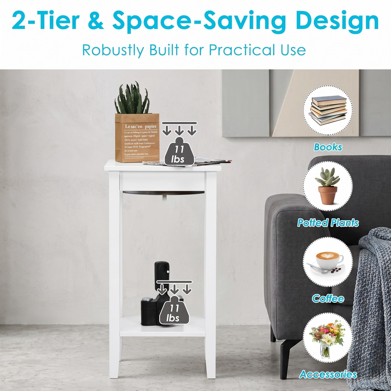 Furnibear Set of 2 2-Tier End Tables with Storage Shelf, Narrow Wood Nightstand Side Table for Living Room Bedroom Small Spaces, Sofa Couch Bedside Accent Table, White