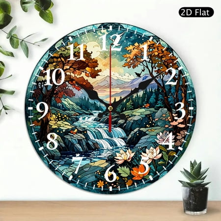 Stained Glass Style Wall Clock, Nature Landscape Design with River and Mountains, Silent Battery Operated Home Decor, Round 10x10 Inch, 1pc, Battery Not Included
