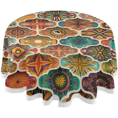 

Hyjoy 60 Moroccan Talavera Outdoor Round Tablecloth Waterproof Stain-Resistant Non-Slip Circular Tablecloth with Umbrella Hole and Zipper for Tabletop Backyard Party BBQ Decor