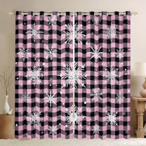 Homewish Winter Snowflake Black Out Curtains for Teens,Merry Christmas Curtains Pack of 2 (42x63 Each),Geometric Plaid Grid Bedroom Curtains,Microfiber Bedroom Decor