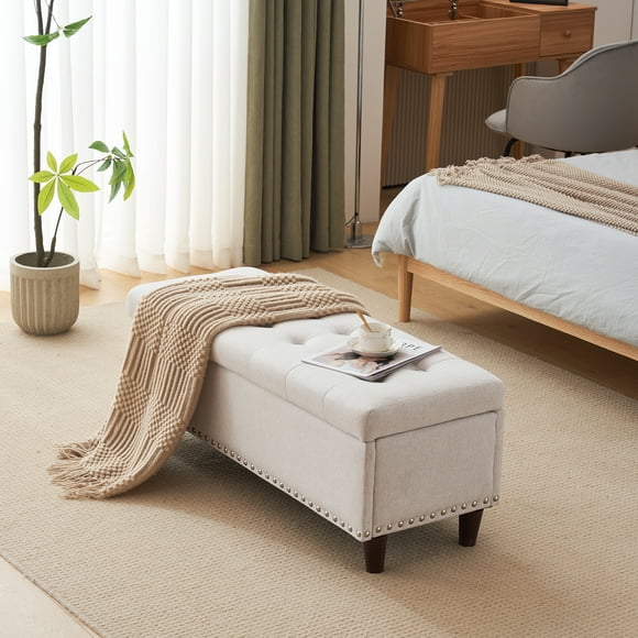 Ktaxon Storage Ottoman Footstool Organizer,43'' Tufted Linen Fabric Sofa Bed Bench for Entryway, Living Room Bedroom Off White