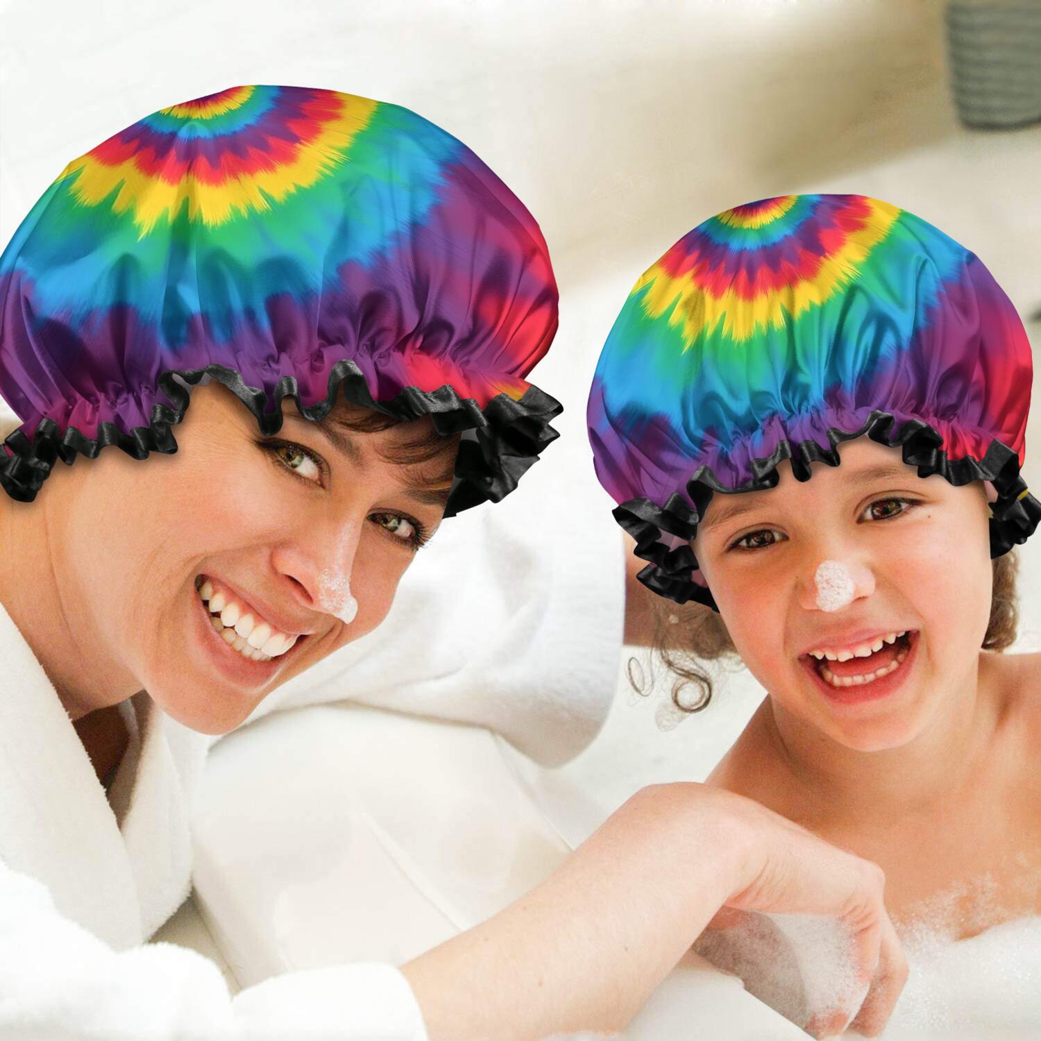 Shower Caps,Colorful Rainbow Tie Dye Spiral Pattern Waterproof Shower Cap for Women 4 Pieces,Double Reusable Hair Cover for Shower PEVA Elastic Stretch Hem