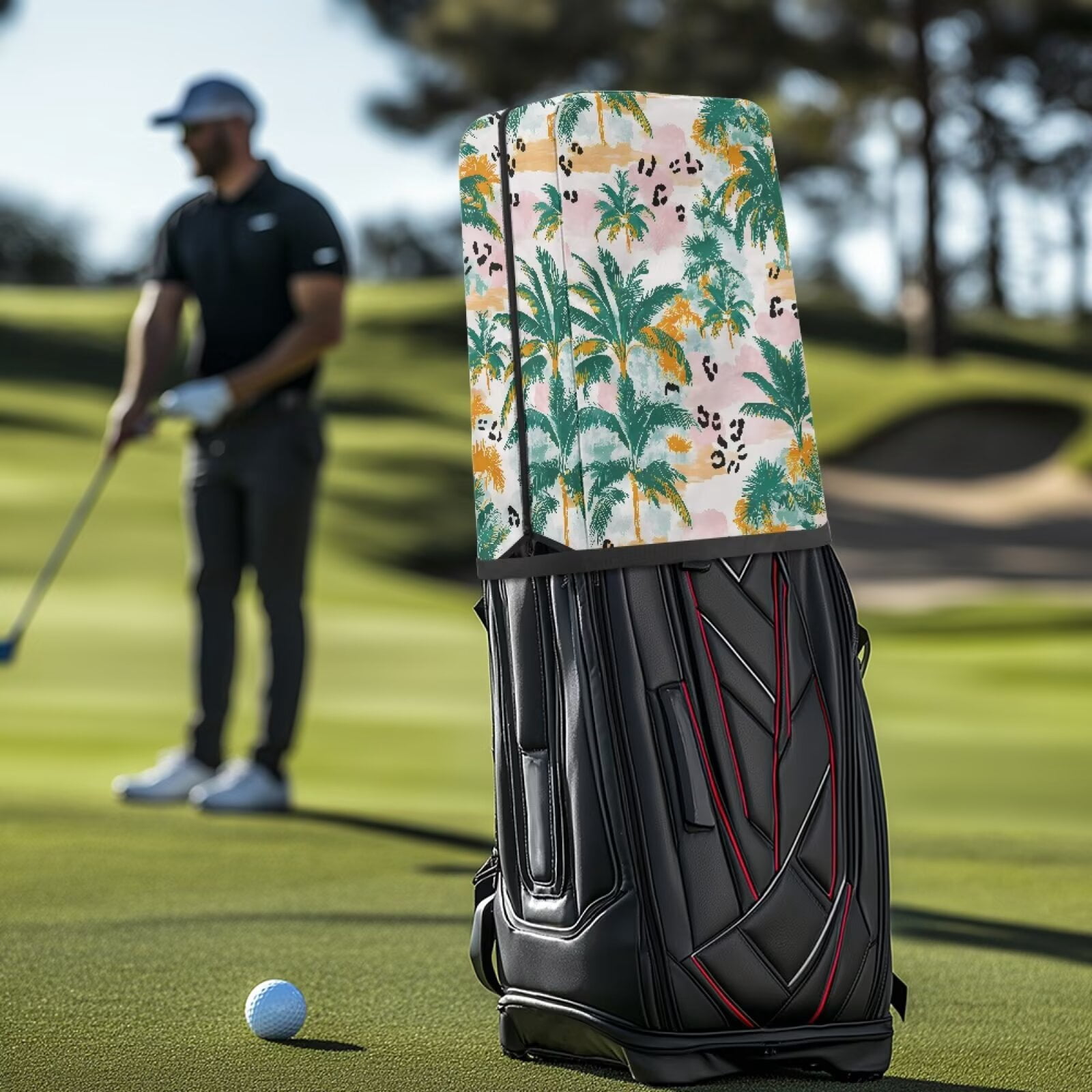 Chririnla Hawaiian Palm Tree Golf Bag Rain Cover 1260D Waterproof and Dust Covers fits Most 8.5-9 inch Golf Bag/Golf Stand Bag Golf Bag Cover Rain Hood for man/Woman Golfers