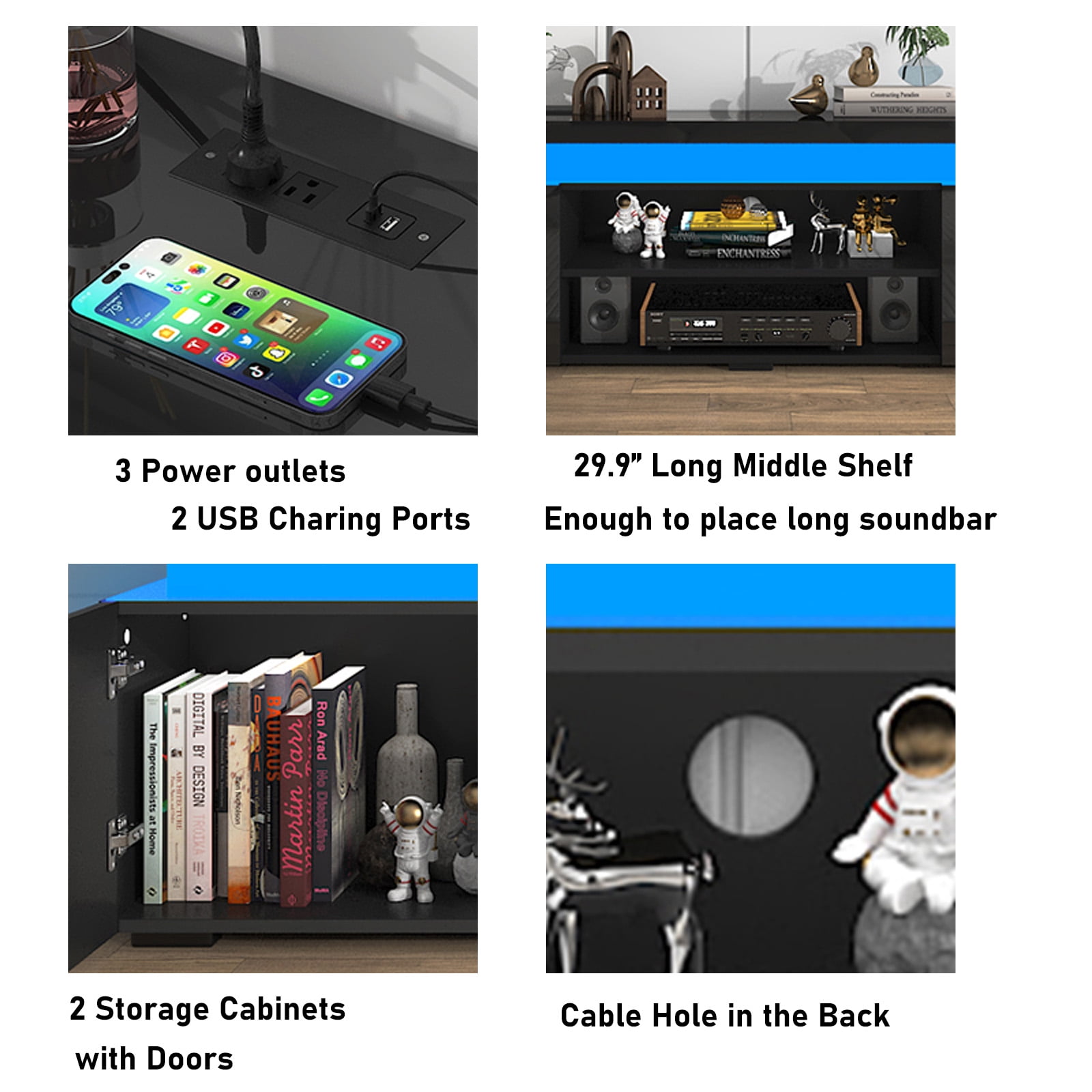LED TV Stand for TVs up to 75" with Power Outlets, 66" High Gloss Gaming Entertainment Center Media Console with Sound Bar Shelf