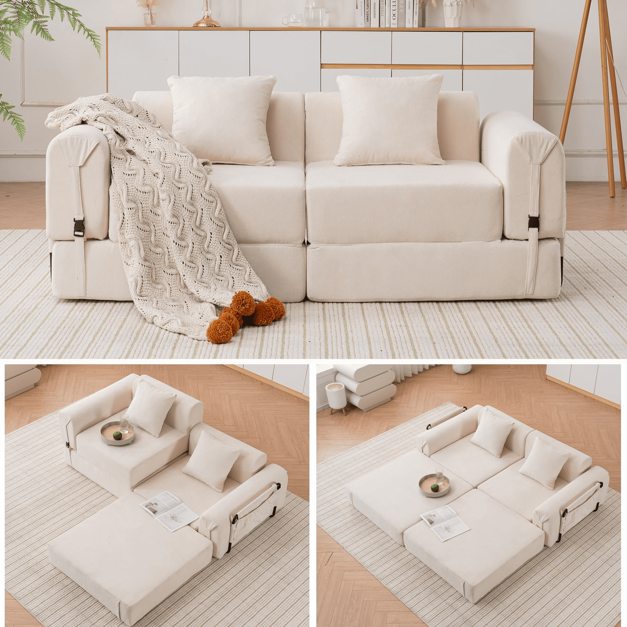 GNIXUU 71.25" Modern Modular Recliner Sofa, Convertible Sleeper Bed,Folding Mattress Loveseat Couch with Fixed-Shape Frame ,Comfy Lazy Boneless Couches for Living Room Bedroom Lounge,Beige