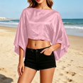 thumbnail image 2 of Fewfanhot Women Satin Batwing Sleeve Crop Poncho Top, Pearl Decor Summer Loose Oversized Boat Neck Layering Cover Up, 2 of 10