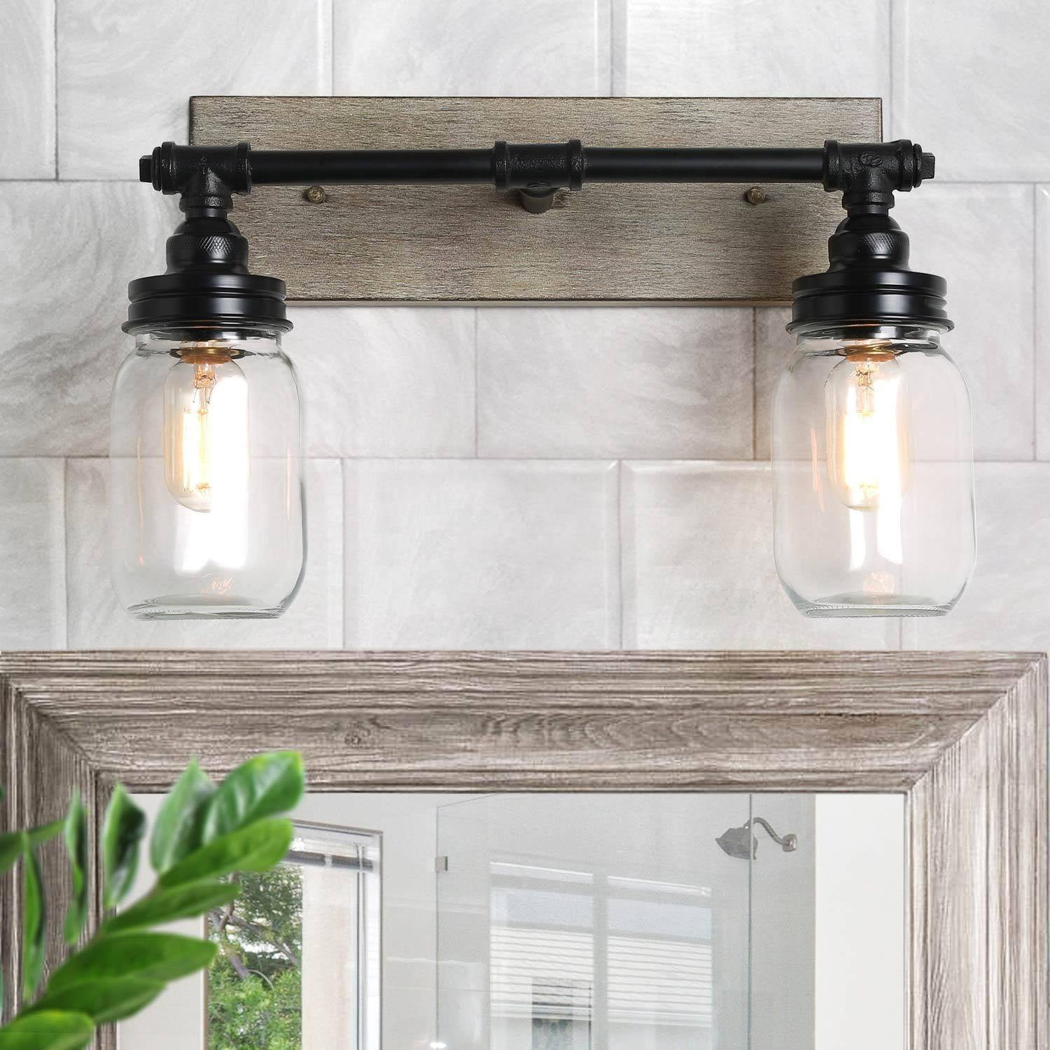 LNC 2-Light Black and Grey Farmhouse Mason Jar Bathroom Vaniyt Light