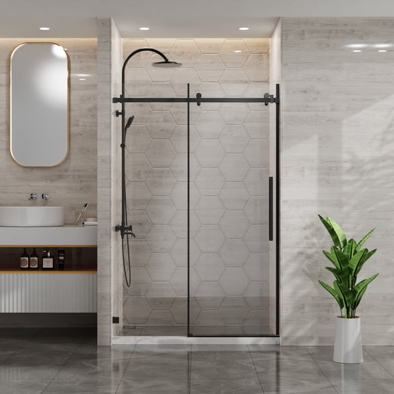 44-48"W x 72"H Frameless Sliding Shower Door, 1/4"(6mm) Glass, Black, Adjustable