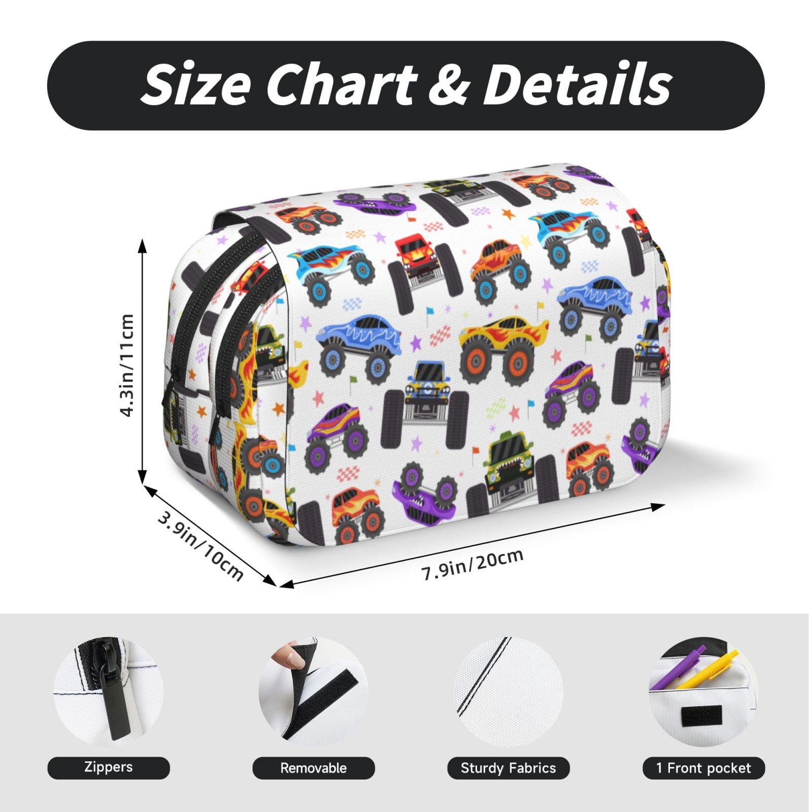 Rateoe Cartoon Monster Trucks1 Pattern Double Clamshell Pen Case, Storage Organizer with Two Zipper Compartments– Holds Up to 50 Pencils & Pens
