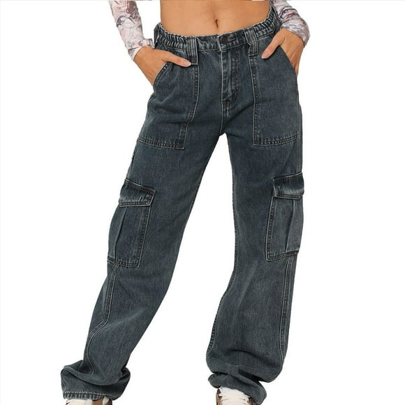 Bunenne Womens Jeans Wide Leg Jeans Woman Womens High Waist Street Loose Cargo Pants Pockets Jeans Trousers Long Pants Baggy Jeans High Waisted Jeans for Women Boyfriend Jeans for Women Blue M