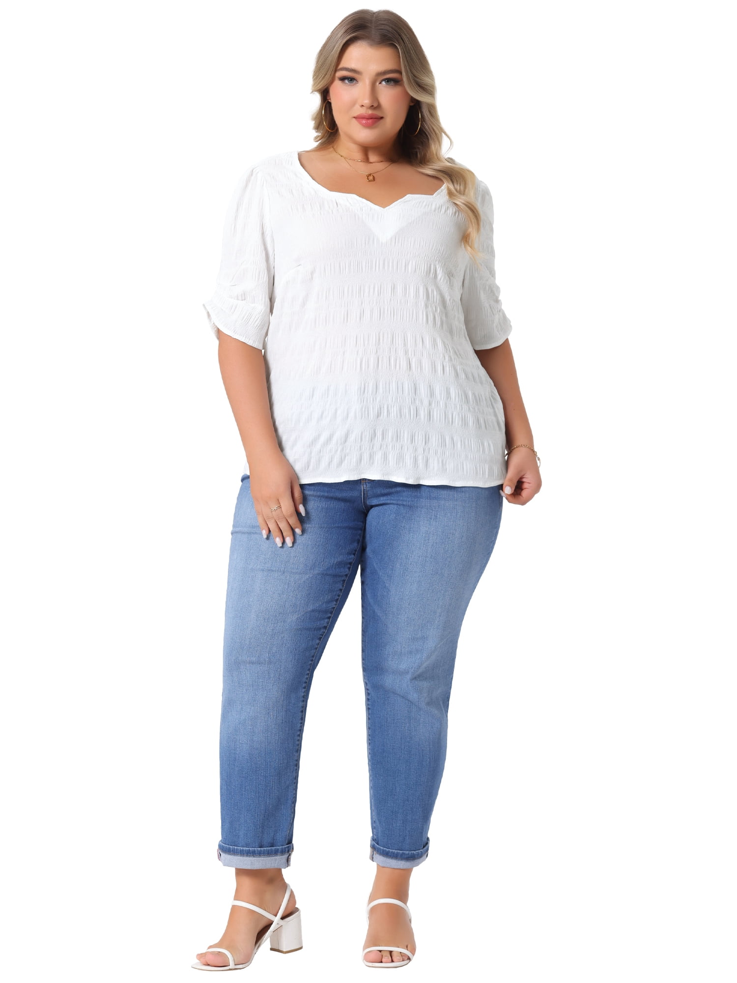DARING DIVA Women's Plus Textured Notched V Neck Blouse 3X White