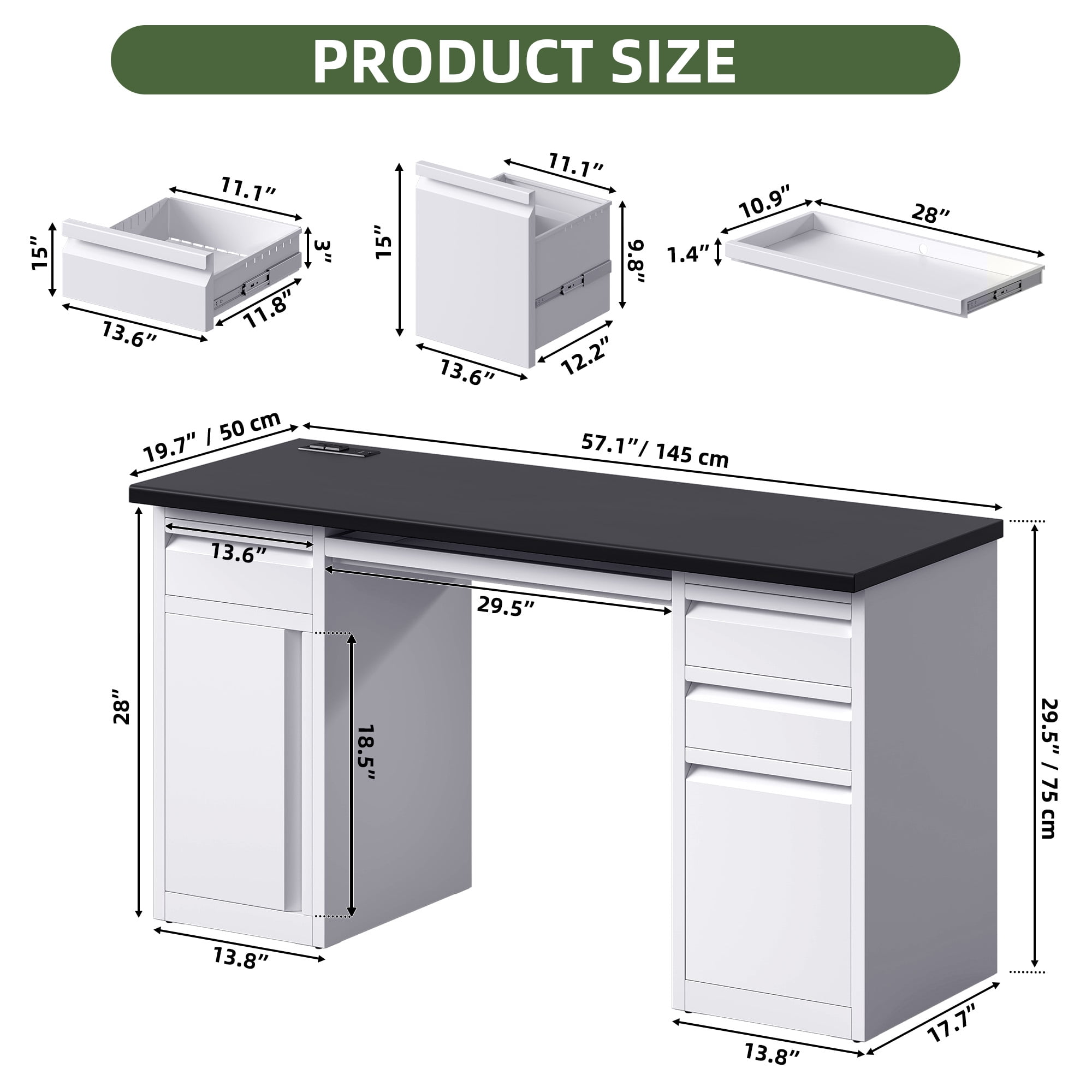 Uforic Metal Computer Desk with Drawers & Keyboard Tray, Office Desk with Power Outlets & File Storage, White