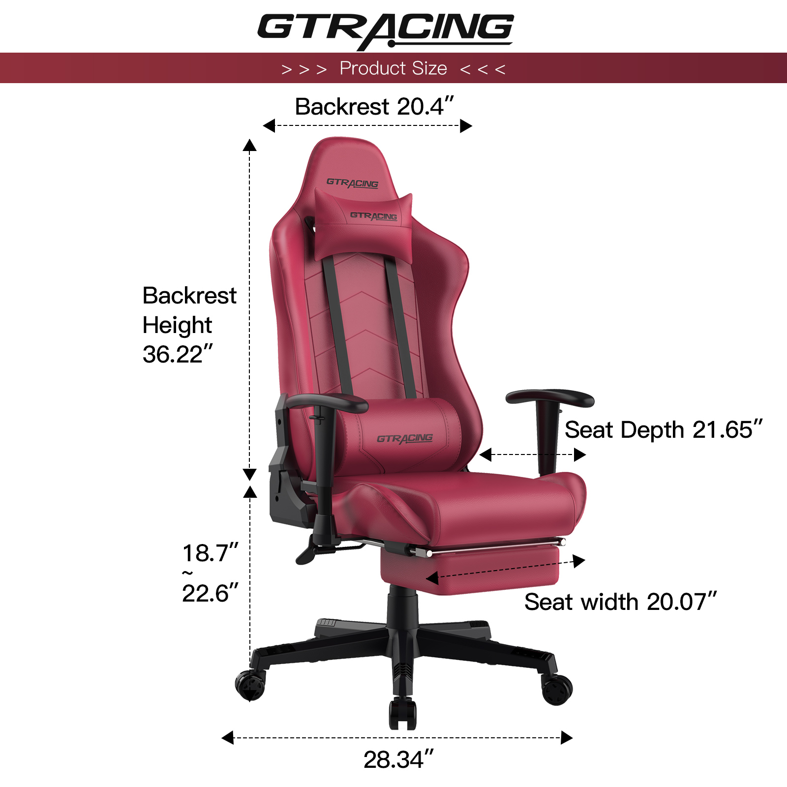 GTRACING Gaming Chair with Footrest Ergonomic Reclining Leather Chair, Dark Red - image 4 of 6