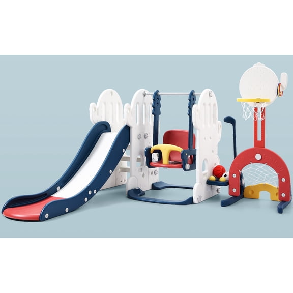 7 in 1 Toddler Slide and Swing Set, with Adjustable Swing, Basketball Hoop, Soccer, Golf, Ring Toss Game, for Ideal Gift, Indoor Outdoor Backyard Playground