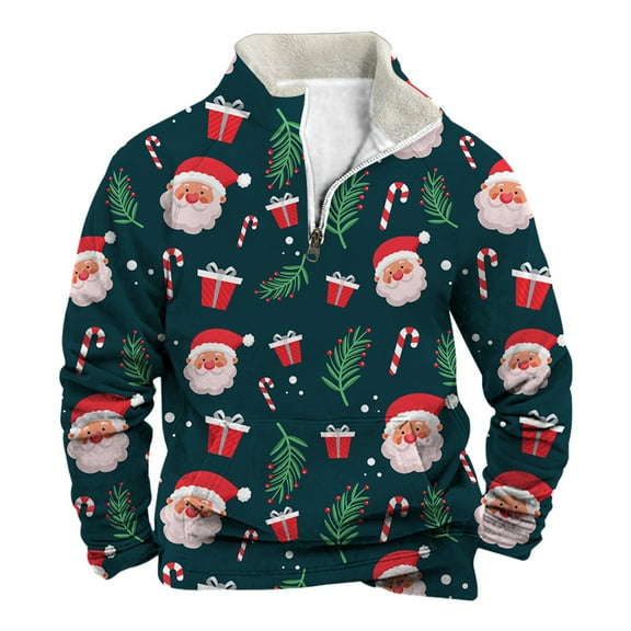 DHFJKG Men's Santa Winter Sweatshirt Santa Claus Print Quarter Zip Pullover Long Sleeve Stand Collar Pocket Male Sweatshirt Casual Tops
