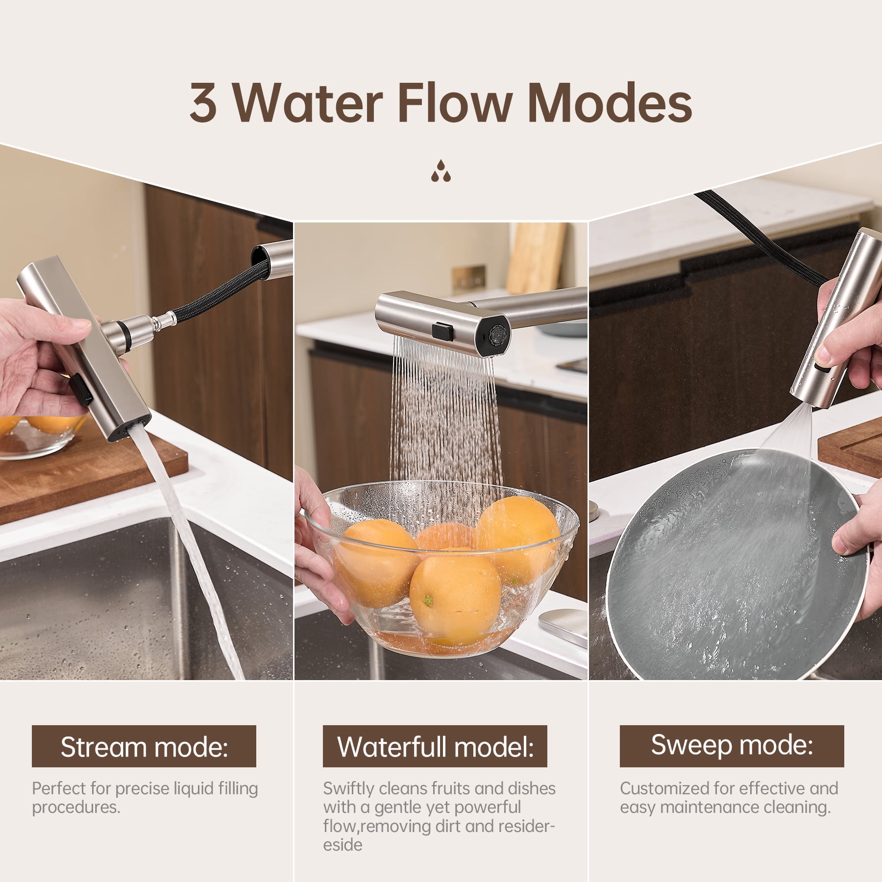 Kitchen Faucet with Pull Down Sprayer, Brushed Nickel Waterfall Single Hole Handle Stainless Steel Kitchen Sink Faucets,