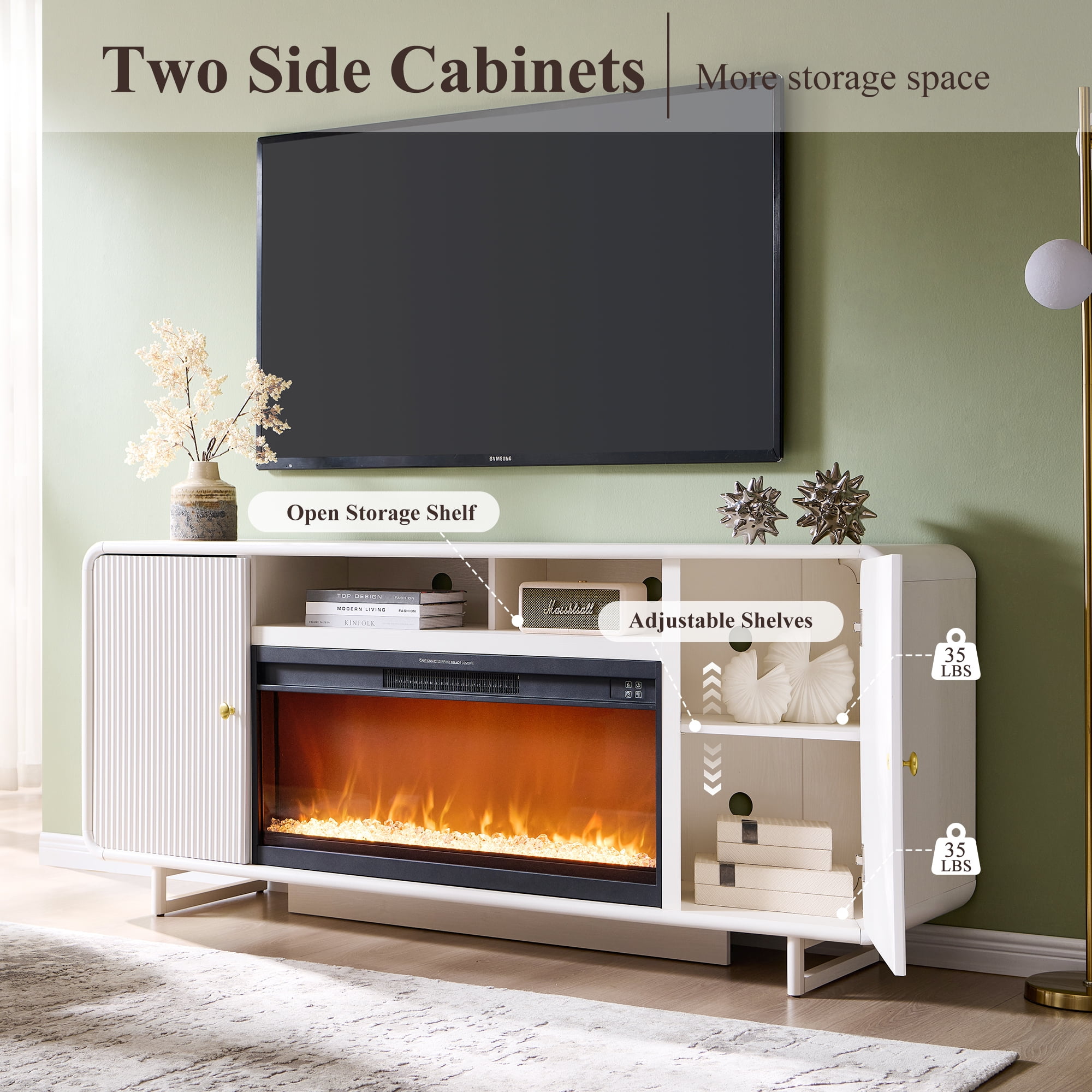 SinCiDo 70" Electric Fireplace TV Stand, Modern TV Stand up to 80" with Fireplace, Wood Media Console w/Curved Profile Design for Living Room