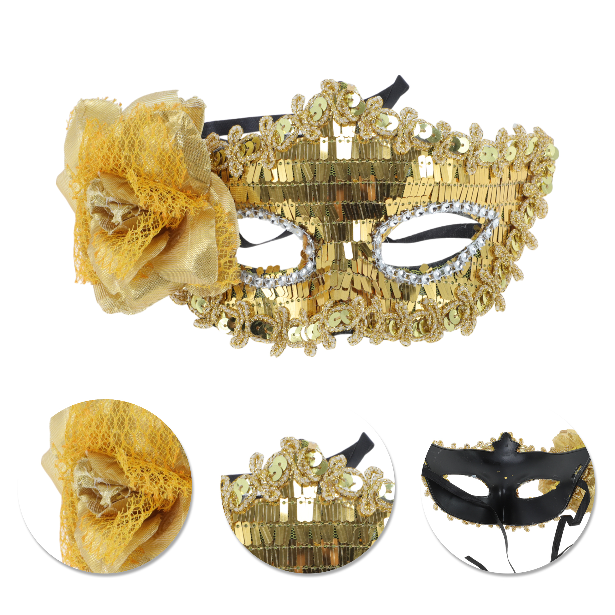Unique Bargains Floral Sequins Half Face Party Mask Gold Tone